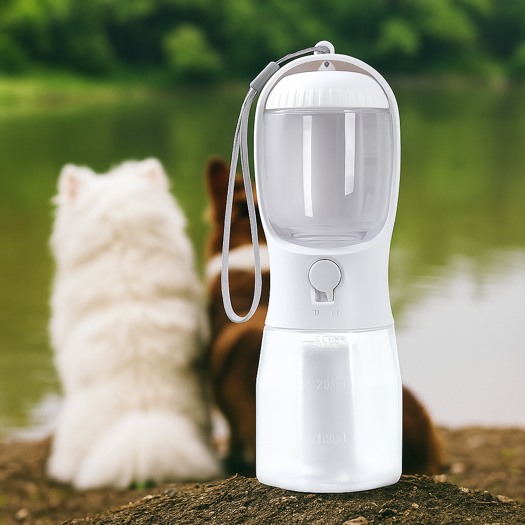 GassiHeld – 3-in-1 Hundetrinkflasche mit Napf, Futterfach, Kotbeutelspender & Filter