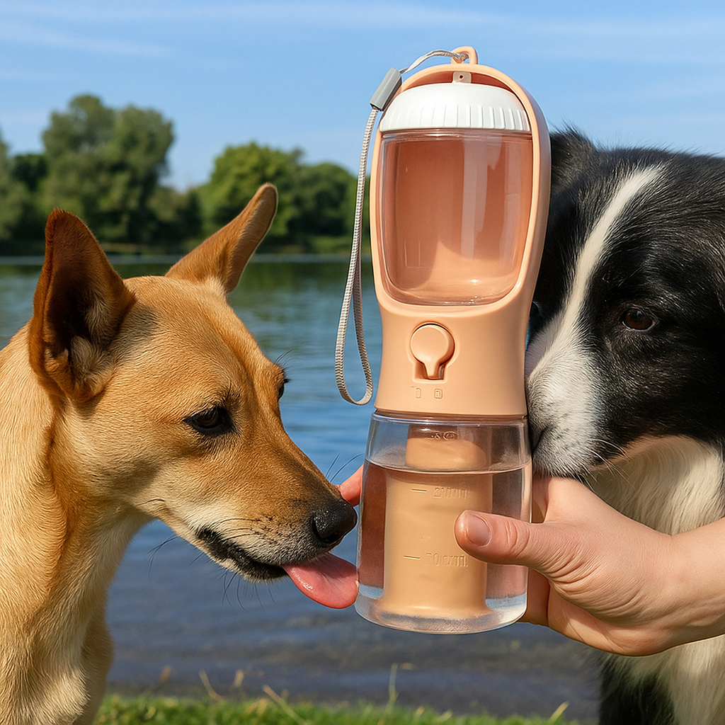 GassiHeld – 3-in-1 Hundetrinkflasche mit Napf, Futterfach, Kotbeutelspender & Filter