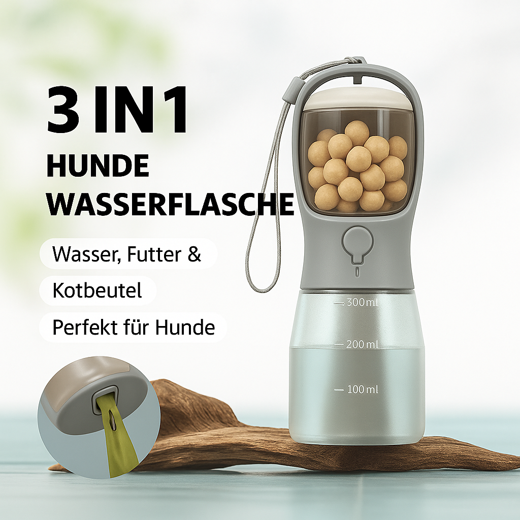 GassiHeld – 3-in-1 Hundetrinkflasche mit Napf, Futterfach, Kotbeutelspender & Filter