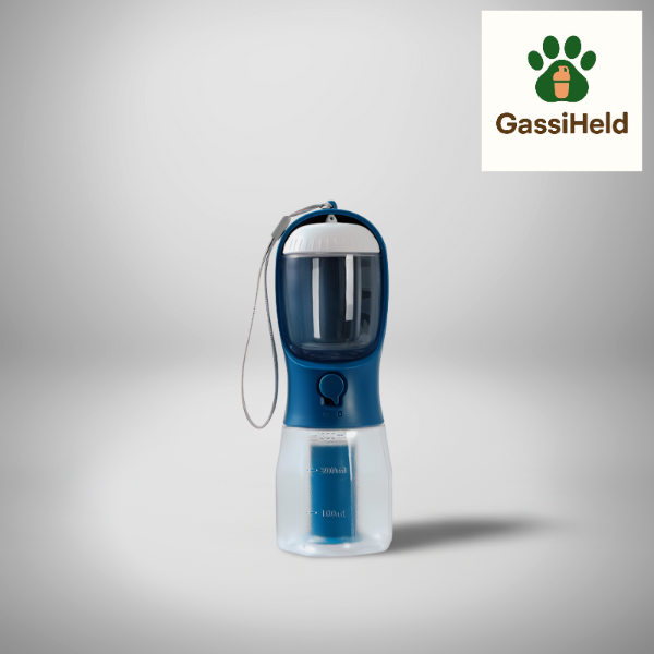 GassiHeld – 3-in-1 Hundetrinkflasche mit Napf, Futterfach, Kotbeutelspender & Filter